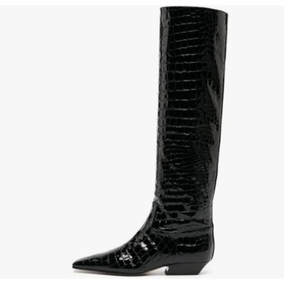 miss left Women Closed Square Toe Knee High Boot Wide Calf Low Chunky Heels - Picture 1 of 8